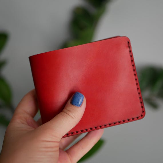 Personalized Leather wallet, Leather billfold wallet, Woman minimalist wallet, Small leather wallet, Anniversary Gift, Red leather wallet