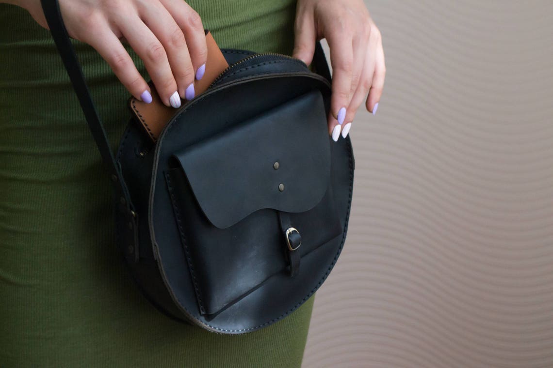 Black leather bag Womens Leather Round Bag Leather shoulder Etsy
