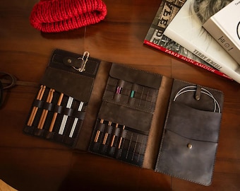 Organizador de agujas de tejer de cuero: Estuche hecho a mano para agujas circulares, regalo de Navidad