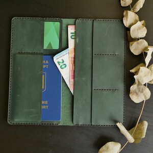 Personalized Leather Travel Wallet, Leather long wallet, Passport holder, Travel wallet organizer, Document holder, mens gift Dark green