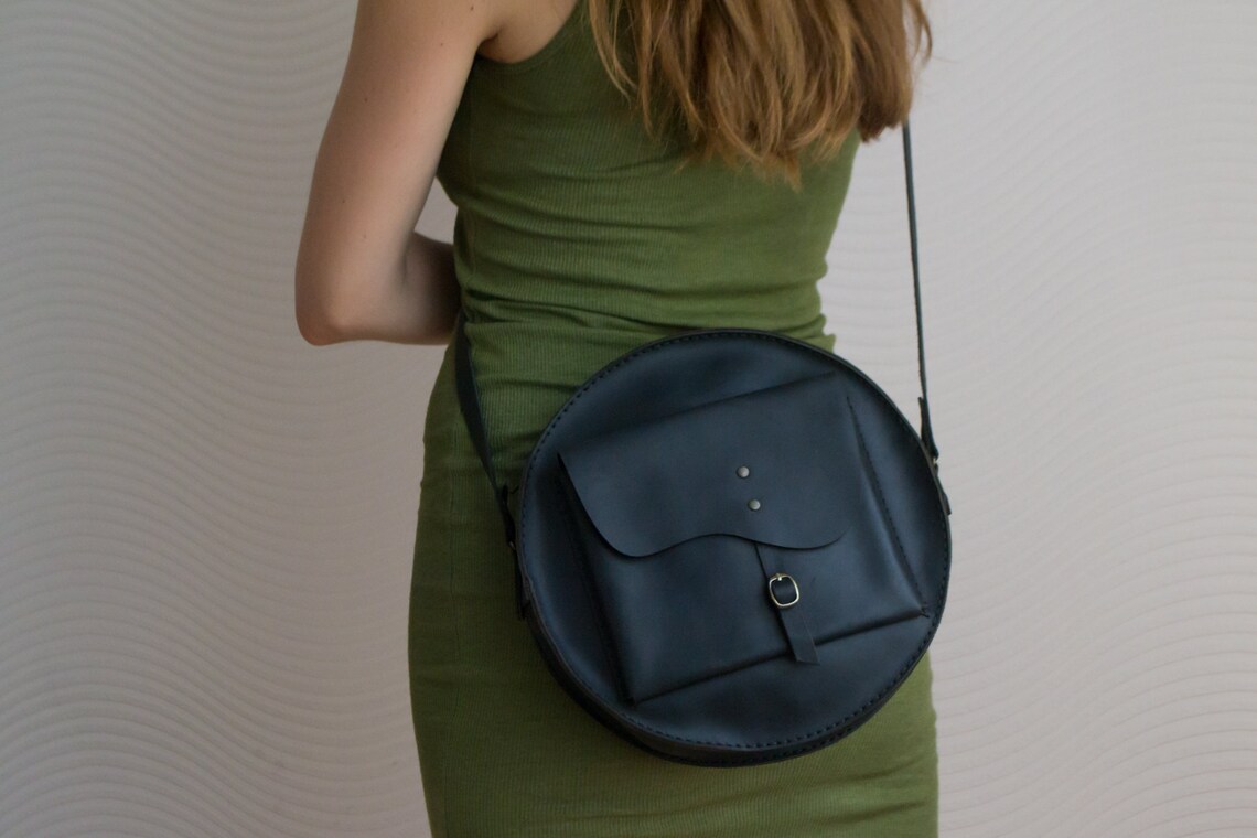 Black Leather Bag Womens Leather Round Bag Leather Shoulder Etsy