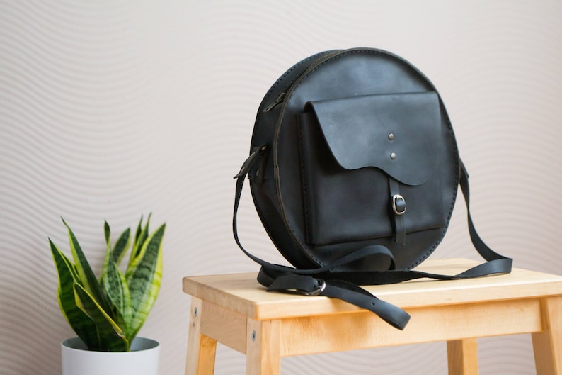 Black Leather Bag Womens Leather Round Bag Leather Shoulder Etsy