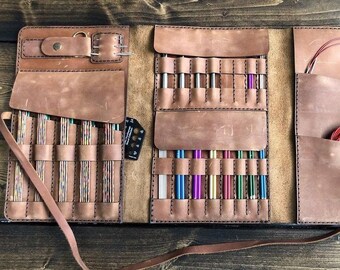 Estuche de cuero para agujas, Organizador de agujas de tejer, Organizador de agujas de tejer DPN, Porta agujas circulares, Regalo para el tejedor