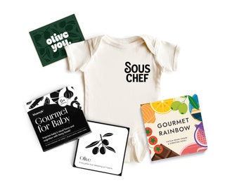 Coffret cadeau pour bébé, sous-chef, sexe neutre, cadeau de baby shower, faire-part de grossesse, nouveau parent, cadeau culinaire unique pour gourmets, jouets sensoriels