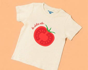 Big Red Tomato "La Dolce Vita" Foodie Print Toddler T-Shirt Cotton Beige
