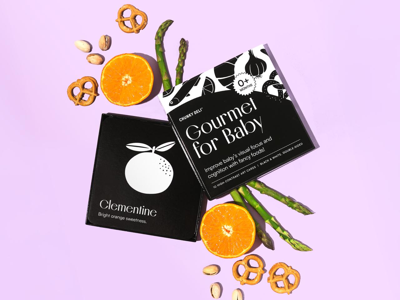 Gourmet for Baby High Contrast Sensory Learning Toys 10 Large Black & White Cards of Food Shapes Newborn Baby Essentials 0+ Months