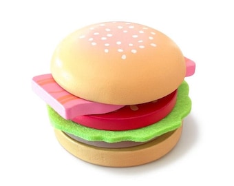 Stackable Wooden Burger Toy: Wooden Play Food & Pretend BBQ Playset for Toddlers