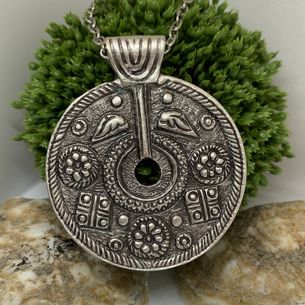 Large Tribal Round Medallion Necklace /Antique Silver Chain/Necklace/Pendant/Handmade/Jewelry/Just for Her/Gift