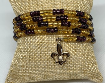 LSU Seed Bead Bracelet/Purple and Gold/Geaux Tigers/Fleur de Lis/Charms/Memory Wire/Beaded Wrap Jewelry/Jewelry/Gift for Her/Handmade