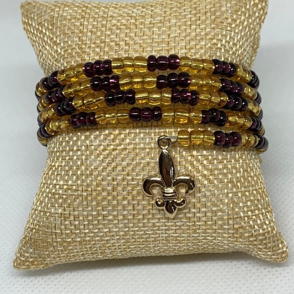 LSU Seed Bead Bracelet/Purple and Gold/Geaux Tigers/Fleur de Lis/Charms/Memory Wire/Beaded Wrap Jewelry/Jewelry/Gift for Her/Handmade