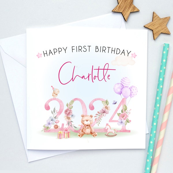 Carte personnalisée premier anniversaire de fille, 1er anniversaire de petite-fille, cadeau premier anniversaire de bébé, fille, nièce, filleule, cousine