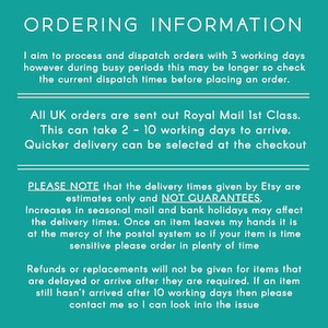 May include: Text on a teal background with the heading "Ordering Information". The text explains the shop's shipping policies, including processing times, delivery estimates, and information about refunds and replacements.