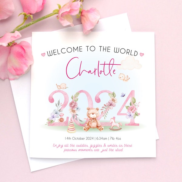 2024 gepersonaliseerde nieuwe baby meisje kaart, welkom in de wereld, nieuwe ouders kaart, nieuwe baby gefeliciteerd kaart, nieuwe baby cadeau, kleindochter