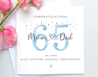 Blue Sapphire Wedding Anniversary Card, Personalised 65th anniversary card, 65th wedding anniversary card Mum & dad, Nana Grandad