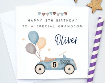 Race car 5th Birthday Card boys, Grandson fifth Birthday Card, Card for Son, Card fro Nephew, Any age 2nd, 3rd, 4th, 5th