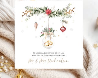 First Christmas Married Card, Personalised 1st Mr & Mrs Christmas Card as Husband and Wife, Daughter and Son in Law