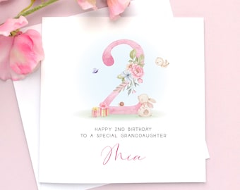 Personalised Girls 2nd Birthday Card, Granddaughter 2nd Birthday, Second Birthday Card,  Daughter, Niece, Goddaughter