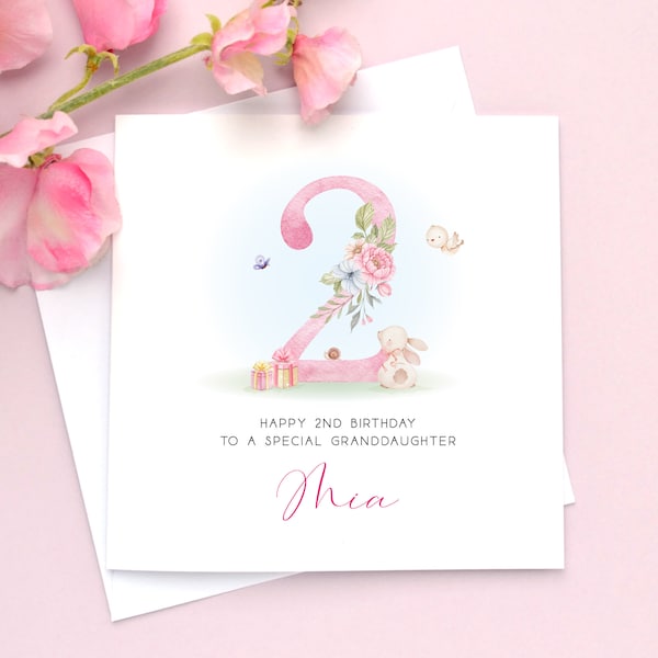 Carte personnalisée pour 2e anniversaire de fille, 2e anniversaire de petite-fille, deuxième carte d'anniversaire, fille, nièce, filleule