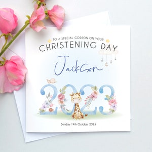 Personalised Godson Christening Card, Son, Grandson, Little Boy, Safari Jungle card, Baptism card