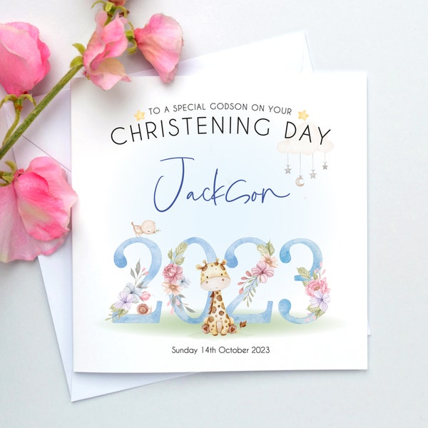 Personalised Godson Christening Card, Son, Grandson, Little Boy, Safari Jungle card, Baptism card