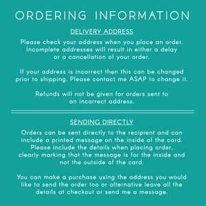 May include: A teal green background with white text outlining ordering information for a business. The text includes instructions for checking the delivery address, sending orders directly to the recipient, and including a printed message on the inside of the card.