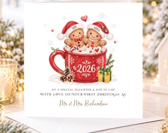 Tarjeta de felicitación personalizada para la primera Navidad de los recién casados, hija y yerno.