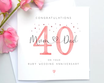 Ruby Wedding Anniversary Card, Personalised 40th anniversary card, 40th wedding anniversary card Mum & Dad