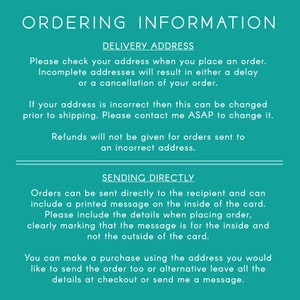May include: A teal green background with white text outlining ordering information for a business. The text includes instructions for checking the delivery address, sending orders directly to the recipient, and including a printed message on the inside of the card.