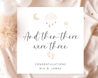 New Baby Card, And Then There Were Three, Baby Announcement Card, Pregnancy Congratulations Card, Baby Shower Card