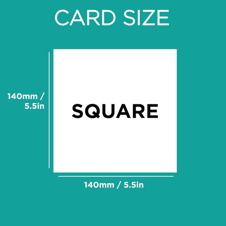 Puede incluir: Una tarjeta blanca cuadrada con la palabra "SQUARE" en texto negro. La tarjeta mide 14 cm por 14 cm.