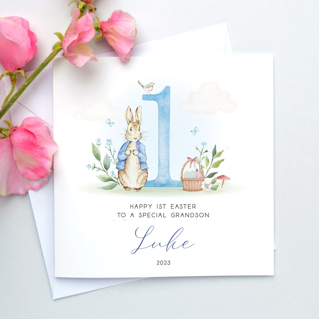 Rabbit 1st Easter Card Boy's, Grandson 1st Easter, Babys First Easter
