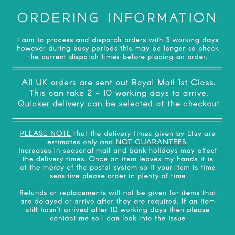 Puede incluir: Texto sobre un fondo turquesa con el encabezado "Informaci&oacute;n de pedido". El texto explica las pol&iacute;ticas de env&iacute;o de la tienda, incluido el tiempo de entrega estimado para los pedidos del Reino Unido, que es de 2 a 10 d&iacute;as h&aacute;biles. Tambi&eacute;n se observa que los tiempos de entrega son solo estimaciones y no est&aacute;n garantizados. El texto tambi&eacute;n menciona que no se dar&aacute;n reembolsos o reemplazos por art&iacute;culos que se retrasen o lleguen despu&eacute;s de que se requieran.