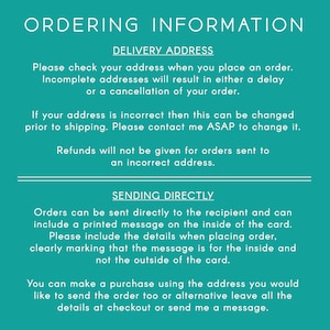 Puede incluir: Un fondo verde azulado con texto blanco que describe la informaci&oacute;n de pedido para un negocio. El texto incluye instrucciones para verificar la direcci&oacute;n de entrega, enviar pedidos directamente al destinatario e incluir un mensaje impreso en el interior de una tarjeta.