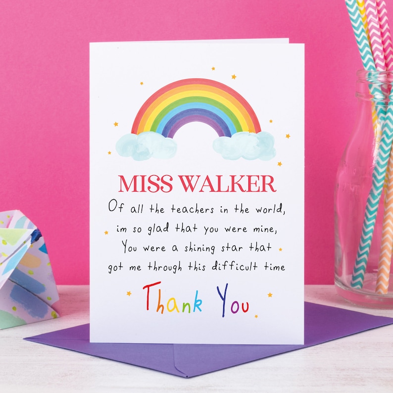 rainbow teacher card thank you card teaching assistant