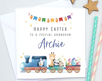 Personalised Easter card for kids, train design, card for son granddaughter grandson, boys, Easter eggs