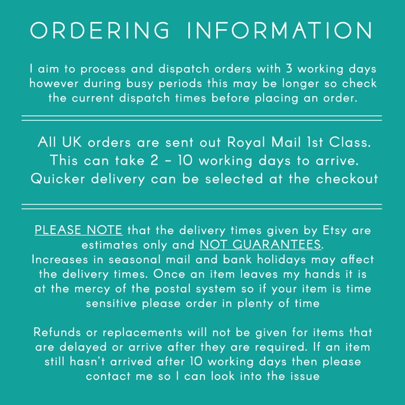 May include: Text on a teal background with the heading "Ordering Information". The text explains the shop's shipping policies, including processing times, delivery estimates, and information about refunds and replacements.