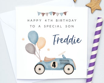 Race car 4th Birthday Card boys, Grandson fourth Birthday Card, Card for Son, Card fro Nephew, Any age 2nd, 3rd, 4th, 5th