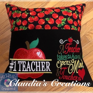 A Teacher Touches a Heart Complete Embroidery Set, Teacher Reading Pillow Embroidery Saying and Applique, Split Apple Pocket Pillow Set