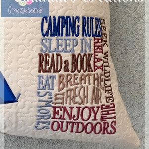 Camping Rules Embroidery Saying, Sleep in, Read a Book, Enjoy the Outdoors Reading Pillow Embroidery Saying, Pocket Pillow Verse