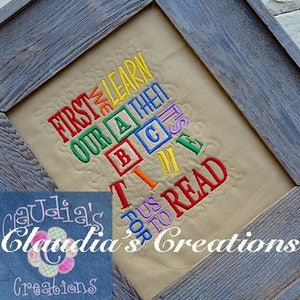 First We Learn Our ABC Subway Art Embroidery Saying, Pre-Schooler Reading Subway Art, Pre-School Reading Pillow Saying, Pocket Pillow