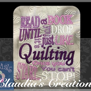 Quilting Embroidery Saying, Read a Book Until You Drop Embroidery Saying, Pocket Pillow Quilting Verse