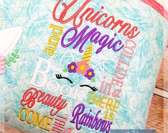 Unicorns and Magic Subway Art Embroidery Saying, Unicorn Pocket Pillow Saying, Reading Pillow