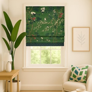 Roman Shade -  Thibaut - Katsura in Emerald - Inside Mounted, 100% Lined with Cotton Deluxe, Cord Lock Mechanism