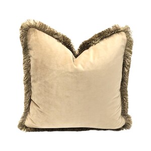 May include: A beige velvet pillow with a brown fringe border.