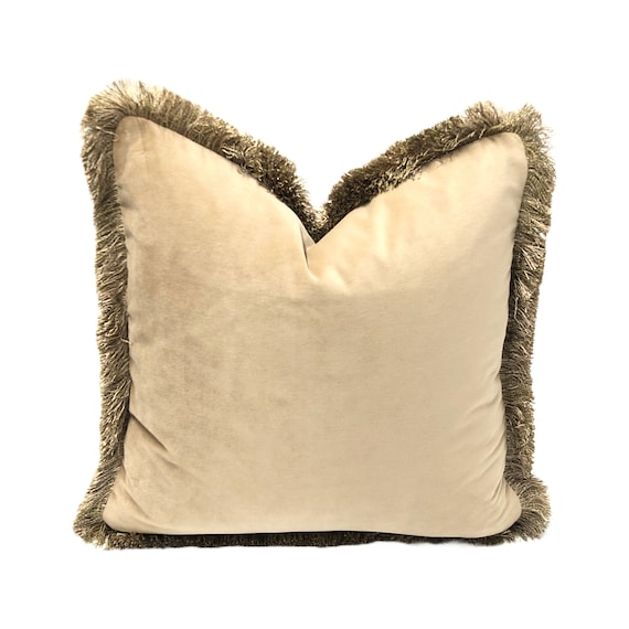 Pillow Cover, Luxurious Taupe Velvet with Fringe Trim by Samuel & Sons Pillow Cover, Decorative High End Pillow Covers
