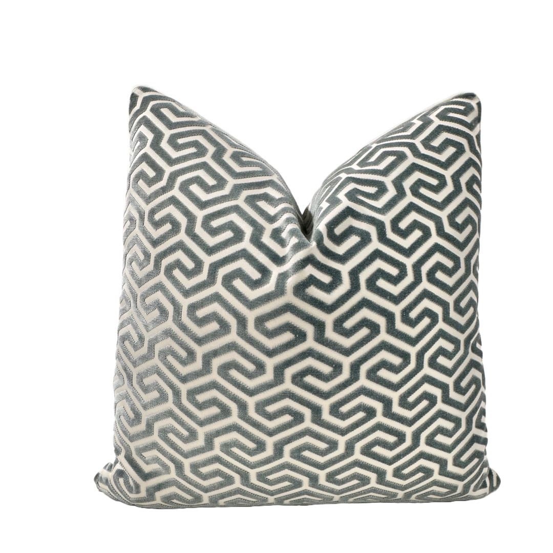 Pillow Cover Schumacher, Ming Fret Velvet in Mineral Decorative High