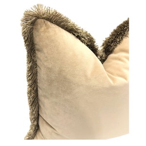 May include: A beige velvet pillow with a brown fringe trim around the edges.