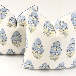 Lisa Fine Textiles Mughal Flower Monsoon Decorative Pillow Covers, Mughal Flower MGF11, Plain White Back, Light Blue Welting, 100% Linen