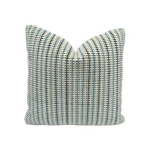 Striped Grid in Blue/Beige - Pillow Cover Designer Fabric Handcrafted Decorative Pillow High-End Designer Throw Pillow
