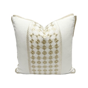 Luxury Embroidery Linen in Gold - Pillow Cover Designer Fabric Handcrafted Decorative Pillow High-End Designer Throw Pillow Home Decor